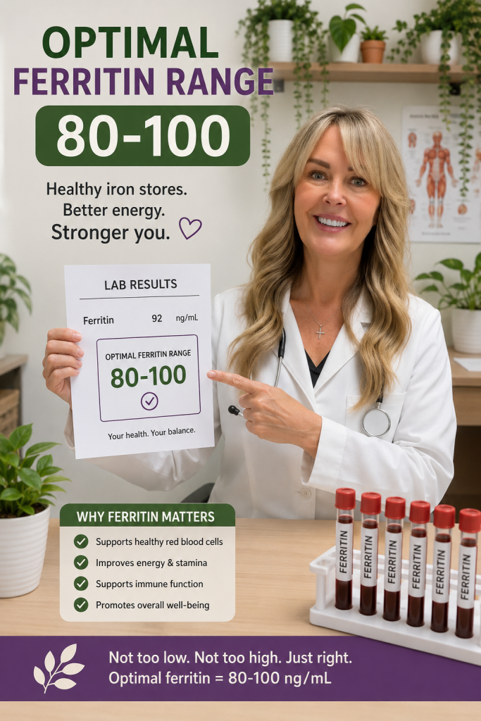 Optimal Ferritin Range 80-100. Ferritin supports healthly red blood cells.
